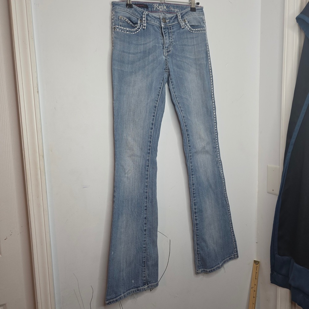 Rock 47 by Wrangler Womens Low Rise Bootcut Jeans Light Wash Rhinestone 30x31